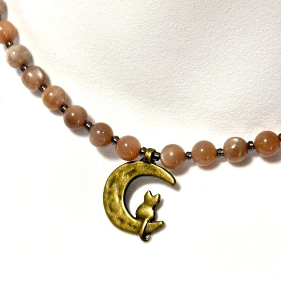 Peach Moonstone Bronze Cat on the Moon Necklace, Genuine Gemstone Beaded Choker - Picture 1 of 14
